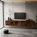 Solid Wood Floating TV Stand Modern Wall Mounted Media Console with Carved Front