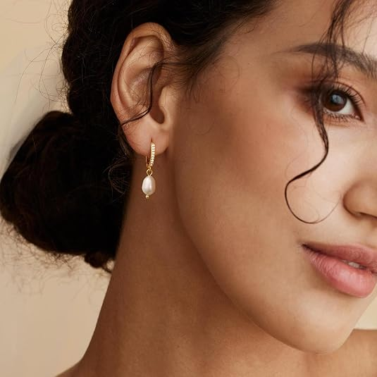Pearl Drop Hoop Earrings for Women