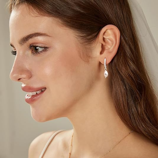 Pearl Drop Hoop Earrings for Women