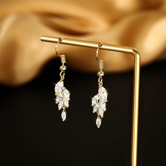 Dainty Leaf CZ Drop Earrings for Women