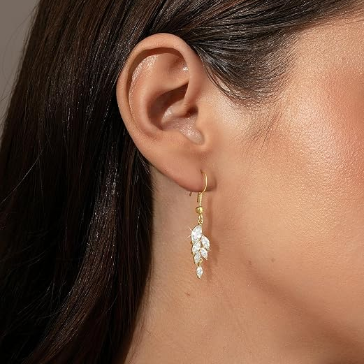 Dainty Leaf CZ Drop Earrings for Women
