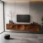 Solid Wood Floating TV Stand Modern Wall Mounted Media Console with Carved Front